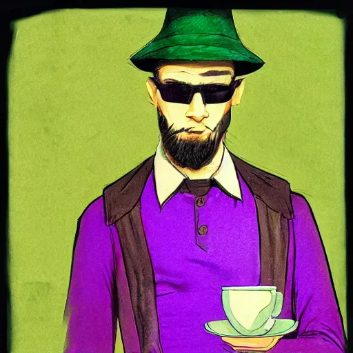 Prompt: man in green suit with green hat drinking tea, Wearing a purple undershirt, Wearing Shades, highly detailed, fantasy, D&D, by, Viktor Antonov