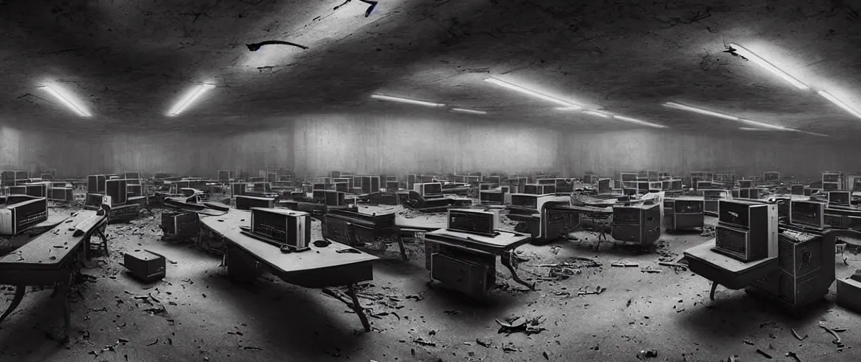 Image similar to abandoned computer laboratory from 1 9 5 0 s - mid xx century - vintage obsolete huge supercomputers computers obsolete technology - high resolution - sharp focus 4 k - dark atmosphere - high contrast - retro futuristic - biomechanic mutation - volumentric lighting - cinematic atmosphere - concept art by hans giger, ruan jia, steve mccurry