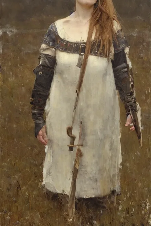 Image similar to Richard Schmid and Jeremy Lipking and Antonio Rotta full length portrait painting of a young beautiful traditonal viking warrior priestess woman