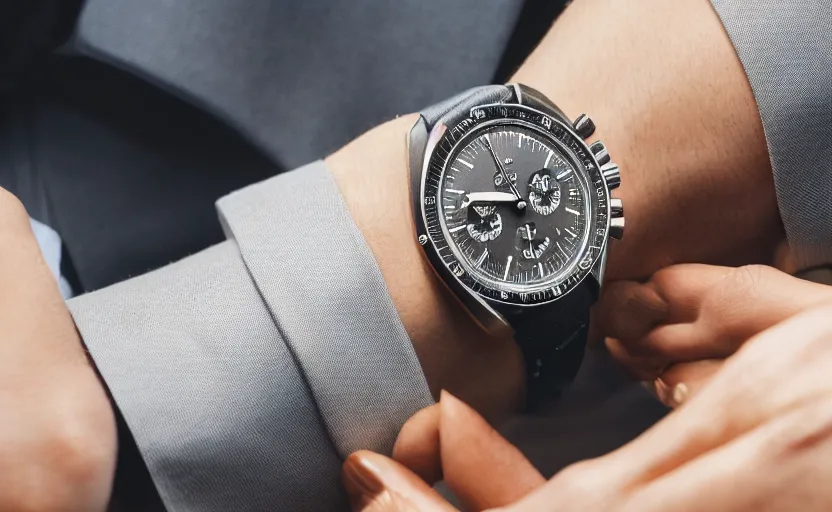 omega speedmaster on the wrist of a lady with a wool Stable