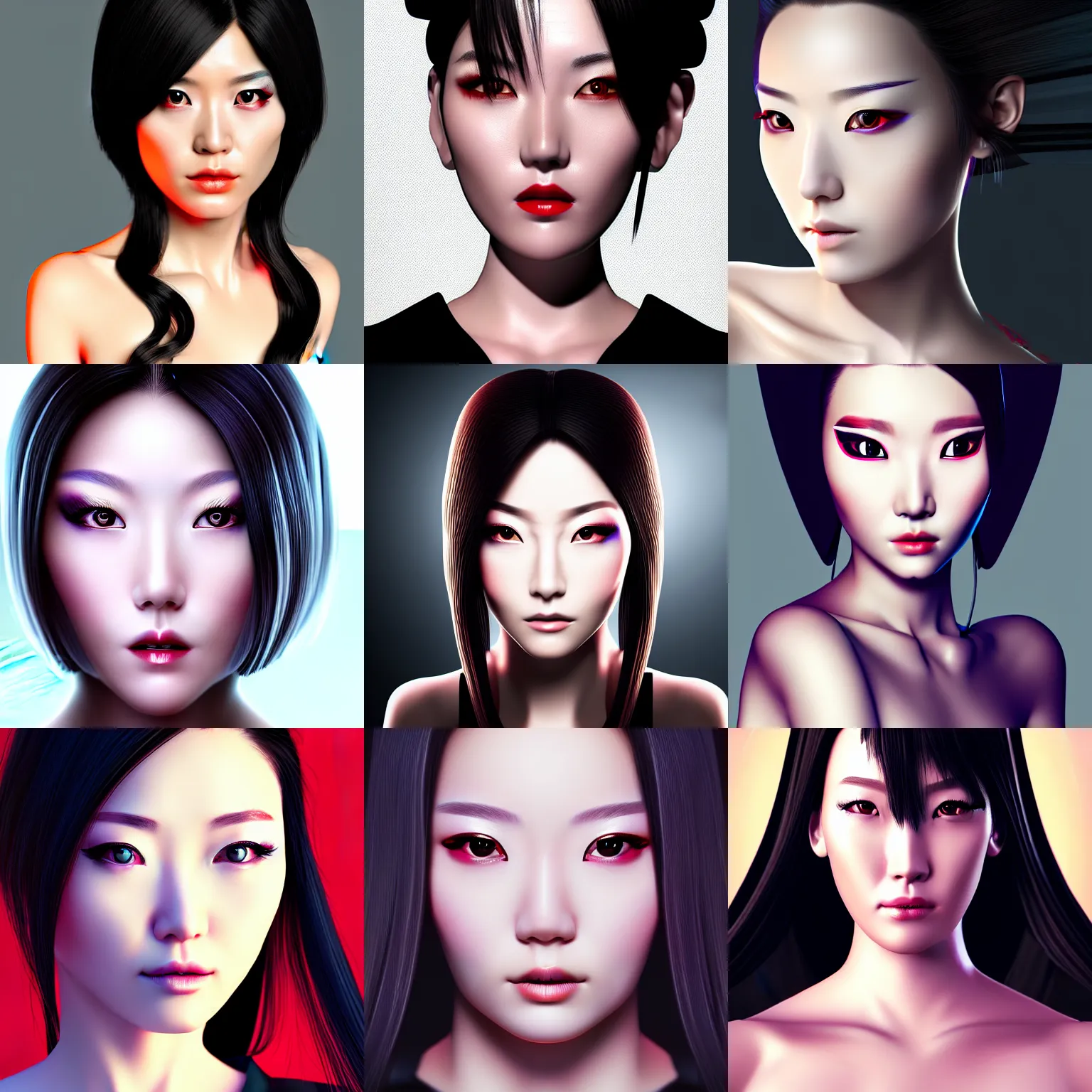Prompt: closeup front orthographic portrait of a posh seductive cyberpunk woman, japanese heritage, high detail, soft studio lighting, full frontal lighting, digital photography, hyper realistic style