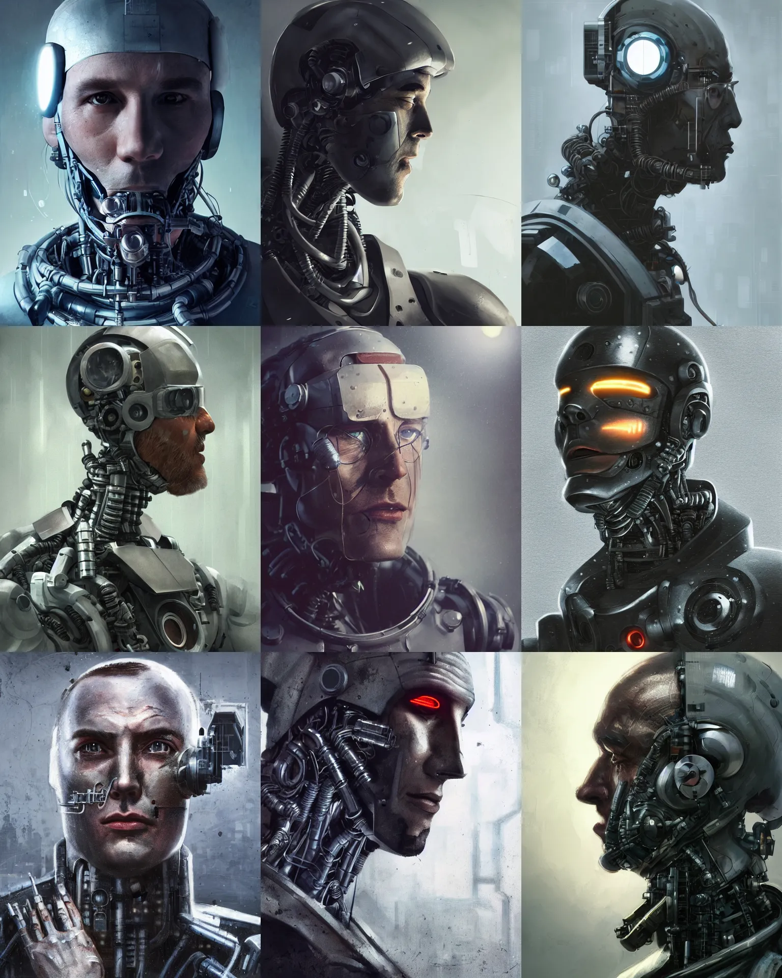 Prompt: a half - masked rugged laboratory engineer man with cybernetic enhancements as seen from a distance, scifi character portrait by greg rutkowski, esuthio, gareth beedie, 1 / 4 headshot, cinematic lighting, dystopian scifi gear, gloomy, profile picture, mechanical, cyborg, half robot, implants, dieselpunk