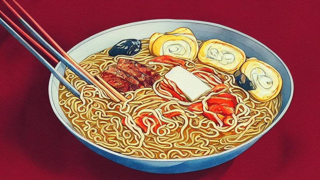 Prompt: delicious ramen, kseniia yeromenko, rob duenas, watercolor, illustration, red background, highly detailed