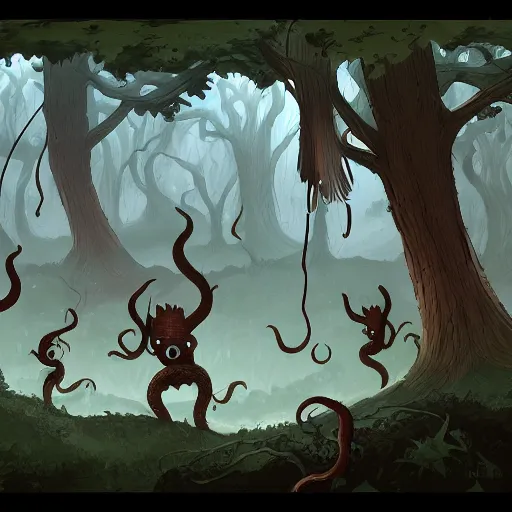 Image similar to a group of people standing in a dark forest, attacked by tentacles, concept art, 2 d game art