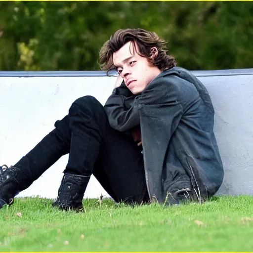 Image similar to harry styles sat on the toilet in the middle of a field