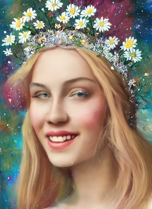 Image similar to portrait, close-up of a smiling beautiful female, blonde,, wearing a crown of daisies, beautiful happy face, ethereal, starry, space, magical atmosphere, maximalist, cinematic lighting, cinematic atmosphere, trending on artstation, cgsociety, 8k, high resolution, in the style of Faiza Maghni, David Ligare, Flora Borsi, Daniel Gerhartz, watercolor, dramatic lighting, cinematic, establishing shot, extremely high detail, foto realistic, cinematic lighting, pen and ink, intricate line drawings, by Yoshitaka Amano, Ruan Jia, Kentaro Miura, Artgerm, post processed, concept art, artstation, matte painting, style by eddie mendoza, raphael lacoste, alex ross