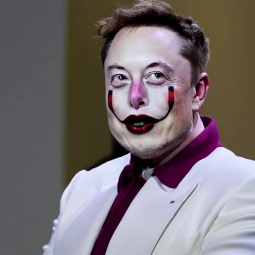 Image similar to Elon Musk with colorful clown makeup whiteface all over his face