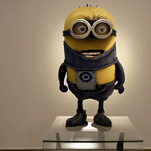 Image similar to photograph of a dry, taxidermied, ancient minion on display in a museum