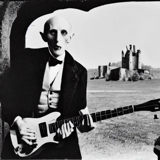 Image similar to vintage photograph of count orlok outside his castle, playing the blues on guitar, castle in the background, 4 k