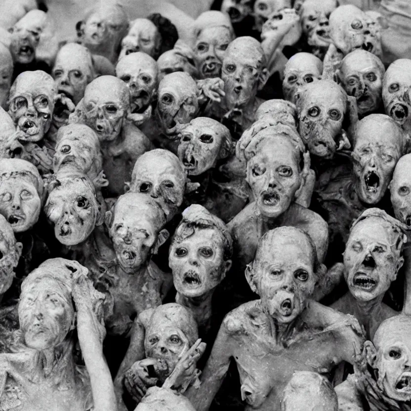 Prompt: group of deformed irradiated people with acute radiation sickness flaking, melting, rotting skin wearing 1950s clothing background a 1950s nuclear wasteland. Photo is black and white award winning photo highly detailed, highly in focus, highly life-like, facial closeup taken on Arriflex 35 II, by stanley kubrick