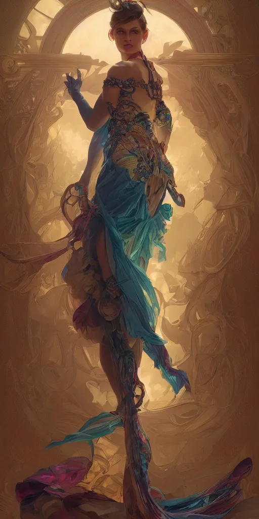 Image similar to portrait of tragedy, expressive pose, acrobatic, rainbow eyes, ornate frilly dress, fantasy, intricate, elegant, highly detailed, digital painting, artstation, concept art, smooth, sharp focus, illustration, art by artgerm and greg rutkowski and alphonse mucha, octane render