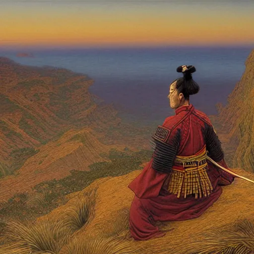 Image similar to a samurai looking into the horizon on a cliff, golden hour, dramatic lighting, fluid, smooth, bright, colours, high contrast, sharpness, very detailed, intricate, by donato giancola, gustave dore and junji ito