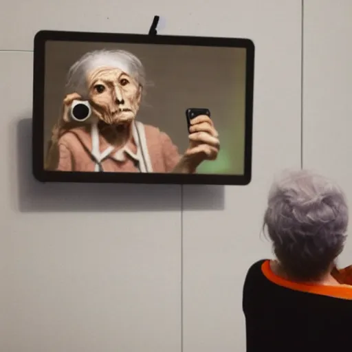 Image similar to taking a photo of an old woman with the screen showing scary realistic aliens, background showing old lady