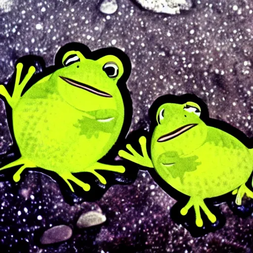 Prompt: a flounder and a frog in love on the moon realistic photo