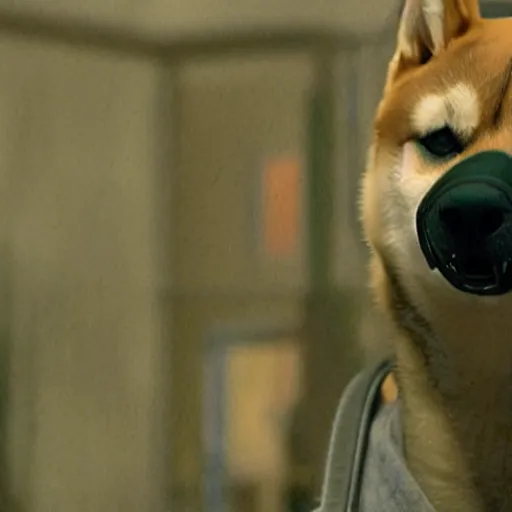 Image similar to A man in post-apocalyptic clothes wearing a latex mask of a Shiba Inu as Robert Neville in I Am Legend (2007), film grain, dof, chromatic aberration