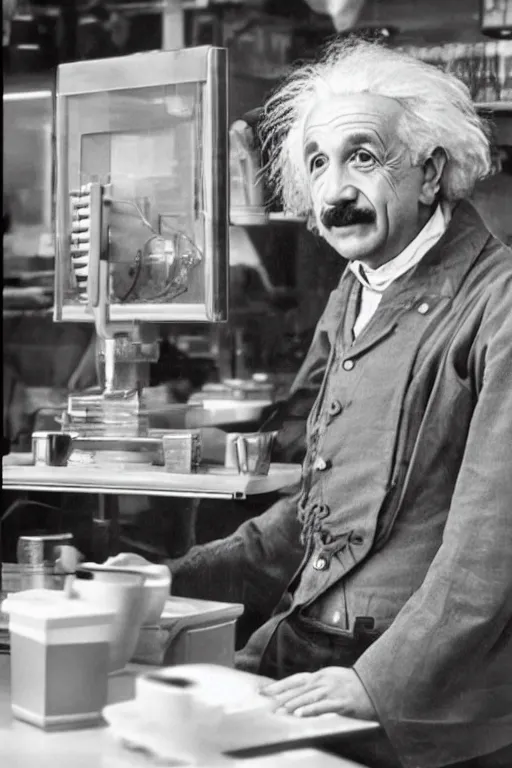 Image similar to intricate color photo of albert einstein, working in mcdonalds serving a customer, 8 k octane beautifully detailed render