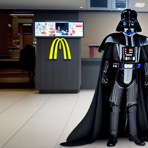 Image similar to A still of Darth Vader at McDonalds, 4k, photograph, ultra realistic, highly detailed, professional lighting