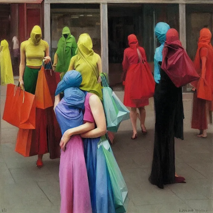 Prompt: colorful women hugging with a paper bag over the head, dressed in plastic bags, inside shopping center, highly detailed, artstation, art by , edward hopper, zdislav beksinski, wayne barlowe