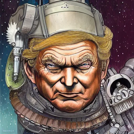 Image similar to A stunning and lovable portrait of Donald Trump as a Warhammer 40K character Moebius, by Mattias Adolfsson, by Mandy Jurgens