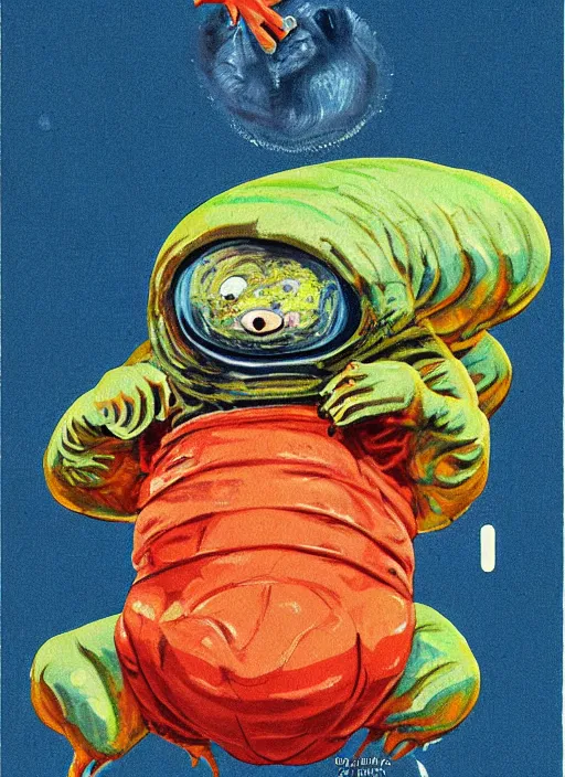 Image similar to giant tardigrade retro japanese monster slimy harness, poster, painting, 7 0 s vintage art