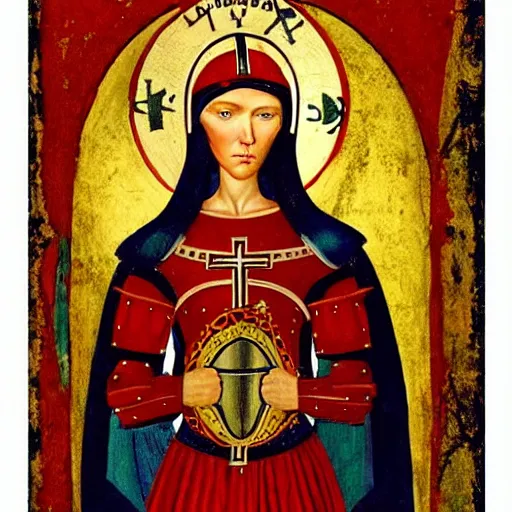 Image similar to a woman with red short hair, red hair, wearing a medieval armor, intricated details armor, holy knight, a halo on her head, holy saint, holy ichonography, catholic fresco