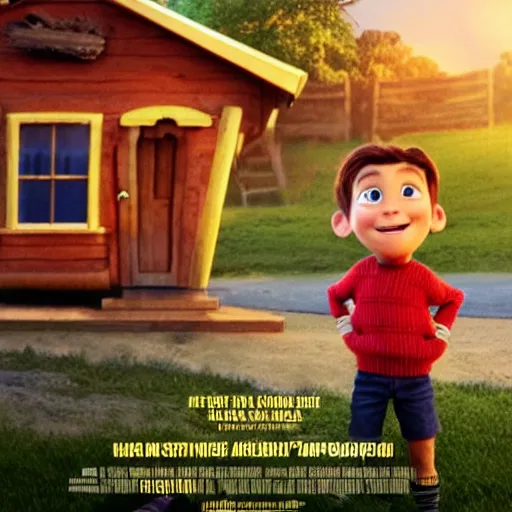 Image similar to a hero shot for a movie poster of an anthropomorphic main character of a kids movie by pixar, proudly smiling and standing in front of a small and compact wooden house