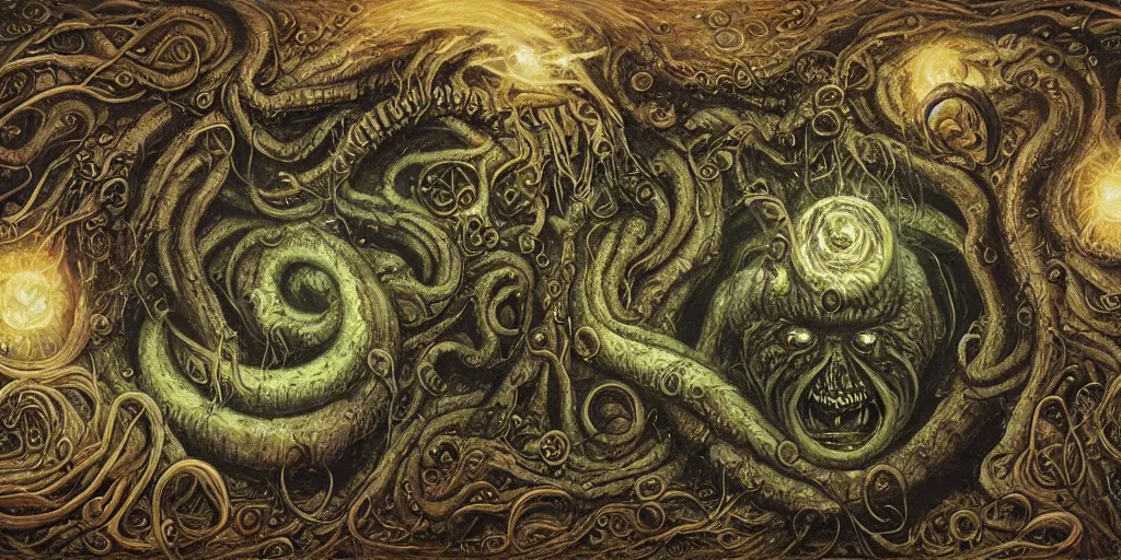 Image similar to elder god yog - sothoth lovecraftian h. p, terror, art by paulc carrick, dave carson, john coulthart, lee brown coye, h. r giger, stephen hickman, 8 k, hd, illumination, lighting, raytracting, dark, lovecraft, arkham, grotesque