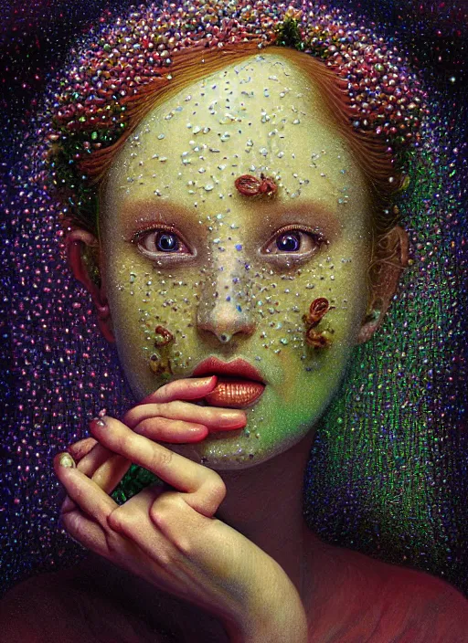 Image similar to hyper detailed 3d render like a Oil painting - Aurora (Singer) Eats of the Strangling Fruit and Her delicate Hands hold of gossamer thin polyp celium blossoms bring iridescent fungal flowers whose spores black the foolish stars by Jacek Yerka, Mariusz Lewandowski, Houdini algorithmic generative render, Abstract brush strokes, Masterpiece, Edward Hopper and James Gilleard, Zdzislaw Beksinski, Mark Ryden, Wolfgang Lettl, hints of Yayoi Kasuma, octane render, unreal engine 5 render, 8k