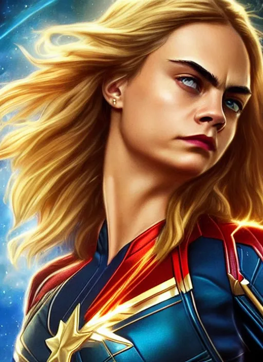 Image similar to beautiful cara delevingne as captain marvel, fantasy, intricate, elegant, highly detailed, digital painting, artstation, concept art, smooth, sharp focus, illustration, art by artgerm and greg rutkowski and alphonse mucha