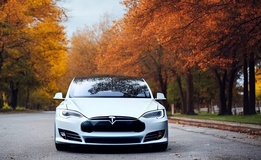 Prompt: new tesla model s on an autumn street by unsplash