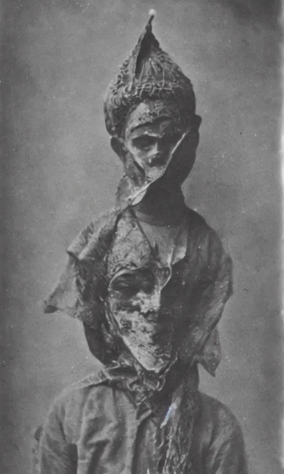 Prompt: person wearing spiritual hindu mask, ww1 photo, grainy, high detail, high resolution,