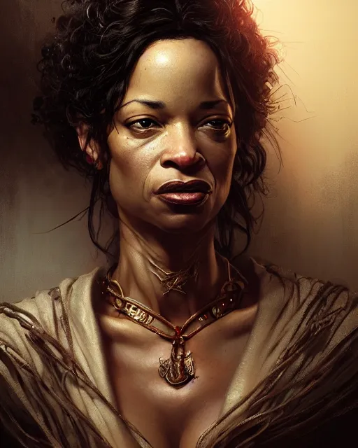 Prompt: karrine steffans, character portrait, portrait, close up, concept art, intricate details, highly detailed by greg rutkowski, michael whelan and gustave dore
