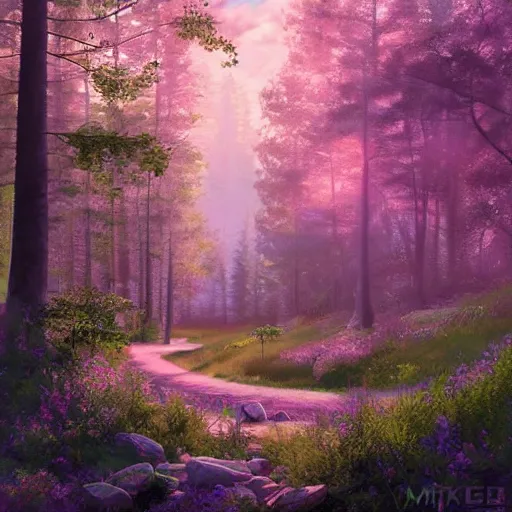 Prompt: solace hermatige cottage peaceful clouds beautiful woods trees pine, nice view, gradient of pink and blue, mystical realistic poster with shaded lighting by craig mallismo, artgerm, jeremy lipkin and michael garmash, unreal engine, radiant light, detailed and complex environment city utopia spirituality sacred geometry with implied lines