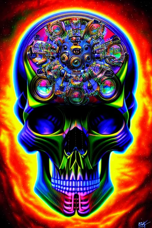 Image similar to maximalist detailed scifi robot skull portrait. lowbrow scifi artwork by kidsquidy. ray tracing hdr polished sharp in visionary psychedelic fineart style inspired by alex grey and cameron gray