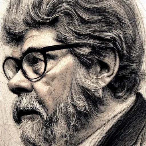 Prompt: a realistic yet scraggly portrait sketch of the side profile of a stern and sophisticated george lucas, trending on artstation, intricate details, in the style of frank auerbach, in the style of sergio aragones, in the style of martin ansin, in the style of david aja, in the style of mattias adolfsson