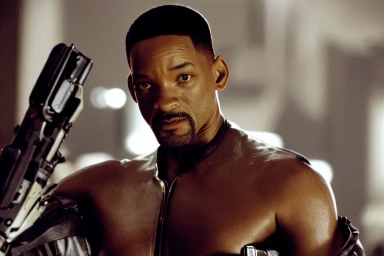 Prompt: cinematic still of will smith in Blade (2001), XF IQ4, f/1.4, ISO 200, 1/160s, 8K, RAW, dramatic lighting, symmetrical balance, in-frame, highly accurate facial features