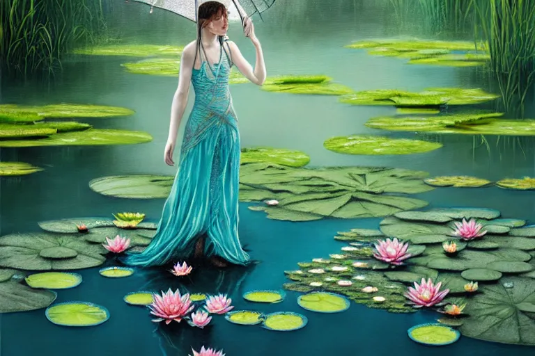 Image similar to light teal portrait in the rain on pond with waterlilies, fantasy, intricate, elegant, dramatic lighting, emotionally evoking symbolic metaphor, highly detailed, lifelike, photorealistic, digital painting, artstation, concept art, smooth, sharp focus, illustration, art by John Collier and Albert Aublet and Krenz Cushart and Artem Demura and Alphonse Mucha