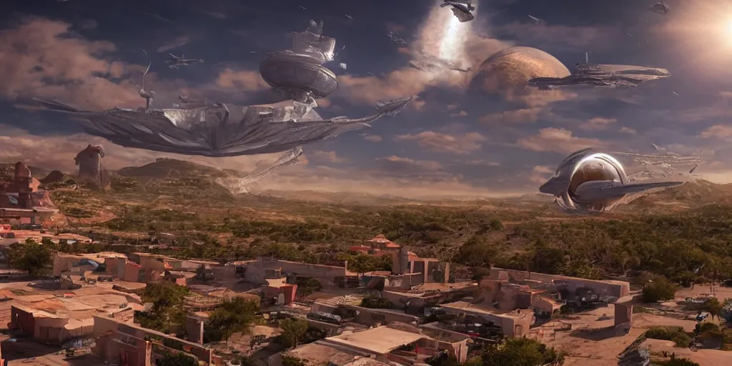 Prompt: tehotihuacan, with a giant space ship in the sky, unreal 5, hyperrealistic, realistic, photorealistic, dynamic lighting, highly detailed, cinematic landscape, studio landscape, studio lighting