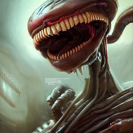 Prompt: hamburger as a xenomorph, painted bygreg rutkowski, john howe, wlop, artgerm