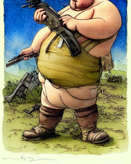 Image similar to a realistic and atmospheric watercolour fantasy character concept art portrait of a fat adorable dirty chibi duck wearing a wife beater and aiming a rifle, by rebecca guay, michael kaluta, charles vess and jean moebius giraud