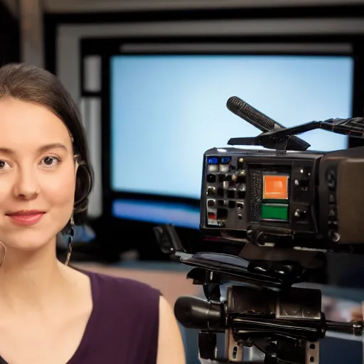 Image similar to high quality portait of a small self righteous journalist in a low budget tv studio, awkward angle,