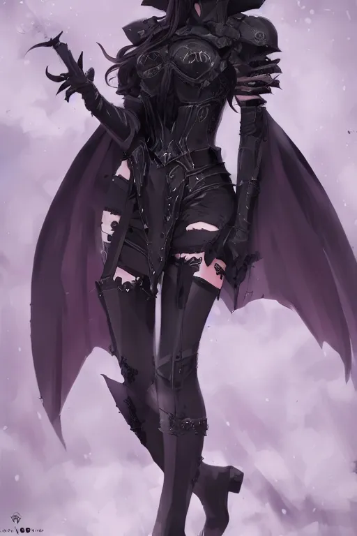 Image similar to pretty gothic lady wearing a full set of black armor and wearing black stockings, fullbody art, drawn by WLOP, by Avetetsuya Studios, anime still, trending on artstation