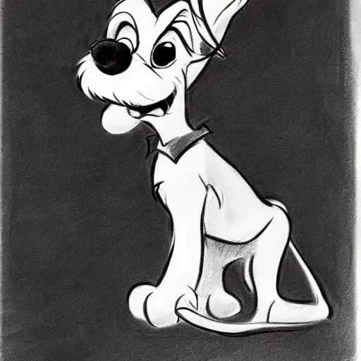 Image similar to milt kahl pencil sketch of happy mini schnauzer cartoon lady and the tramp style