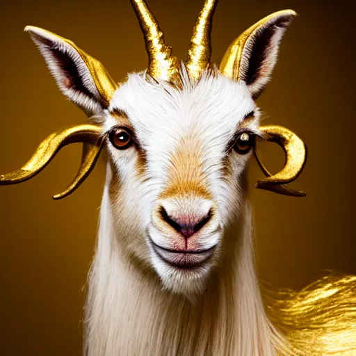 Prompt: portrait of a golden goat, beautiful portrait, studio lighting, 4 k, masterpiece cannon, boka