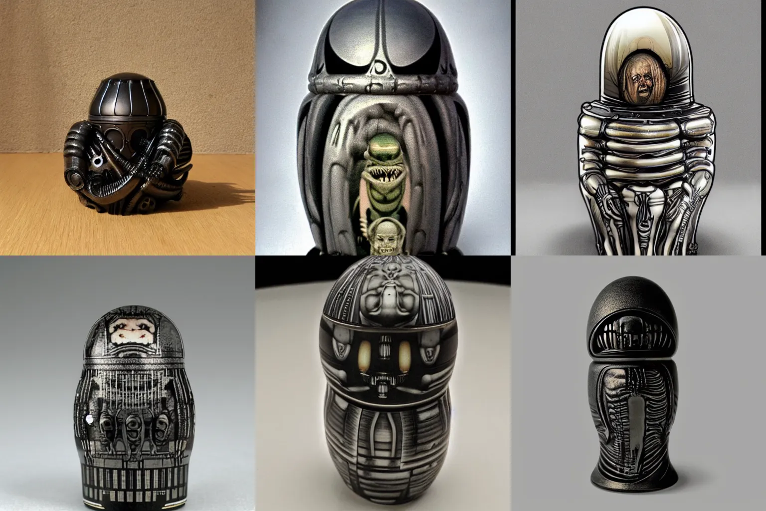 Prompt: xenomorph nesting doll, by h. r. giger.