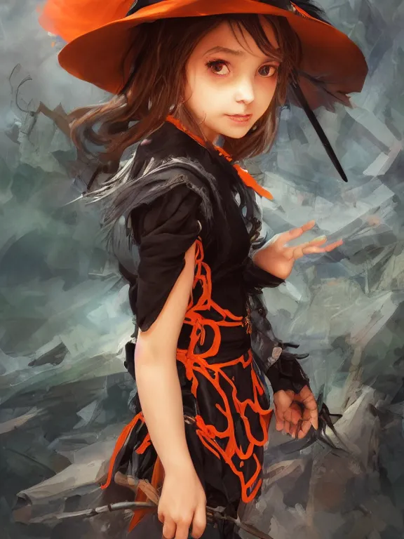 Image similar to Full shot of a cute mischievous young witch about to get up to some trouble. Latin American fashion. Black and Orange palette. Latina girl. brown skin. By Ruan Jia and Artgerm and Range Murata and WLOP. Key Art. Fantasy Illustration. award winning, Artstation, intricate details, realistic, Hyperdetailed, 8k resolution.