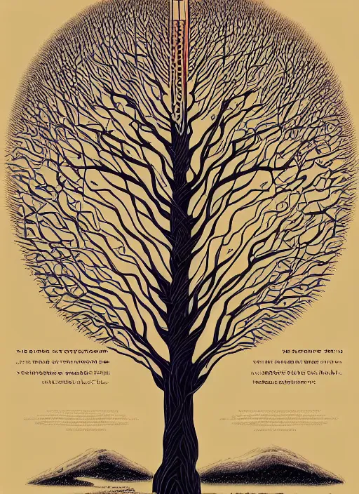 Prompt: Twin Peaks poster artwork by Michael Whelan and Tomer Hanuka, Karol Bak, Rendering of Tree of Life of technology and human knowledge, mapping our collective progress represented by the kabalah, an anicent manuscript graph diagram from scene from Twin Peaks, clean, full of details, by Makoto Shinkai and thomas kinkade, Matte painting, trending on artstation and unreal engine