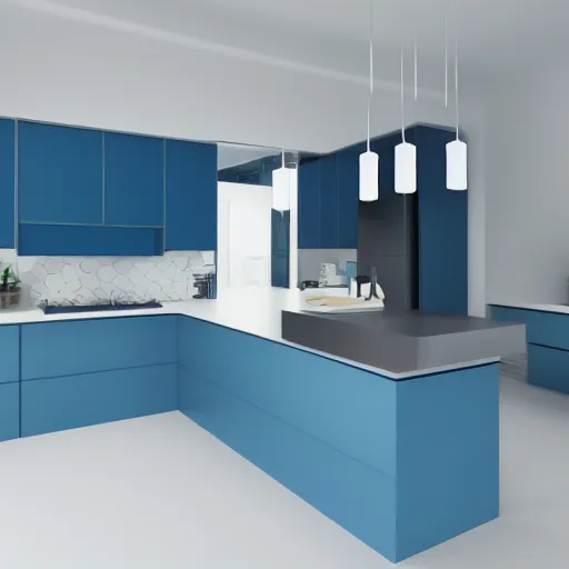 Image similar to isometric minimalistic chubby kitchen, cinema 4 d, 1 0 0 mm, blue color scheme depth of field, octane render, studio lighting