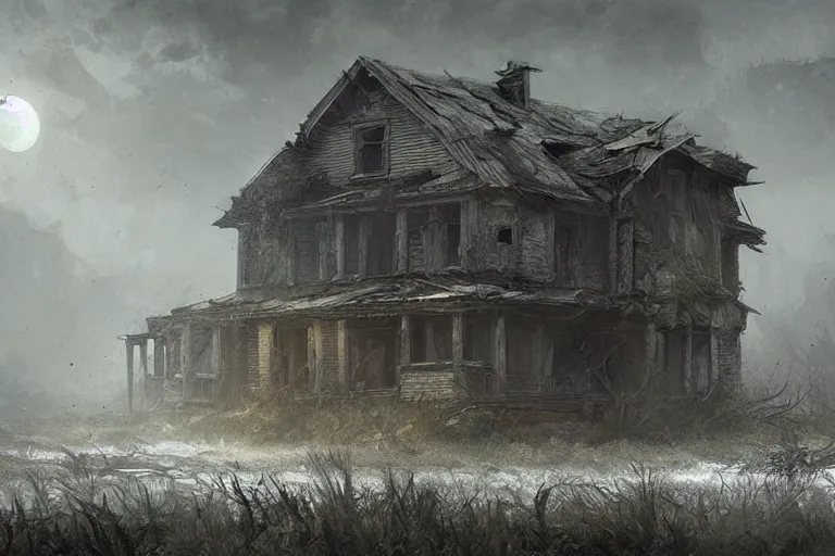 Image similar to abandoned desolate house in the swamp, gloomy, highly detailed, digital painting, artstation, concept art, sharp focus, illustration, art by raphael lacoste and greg rutkowski
