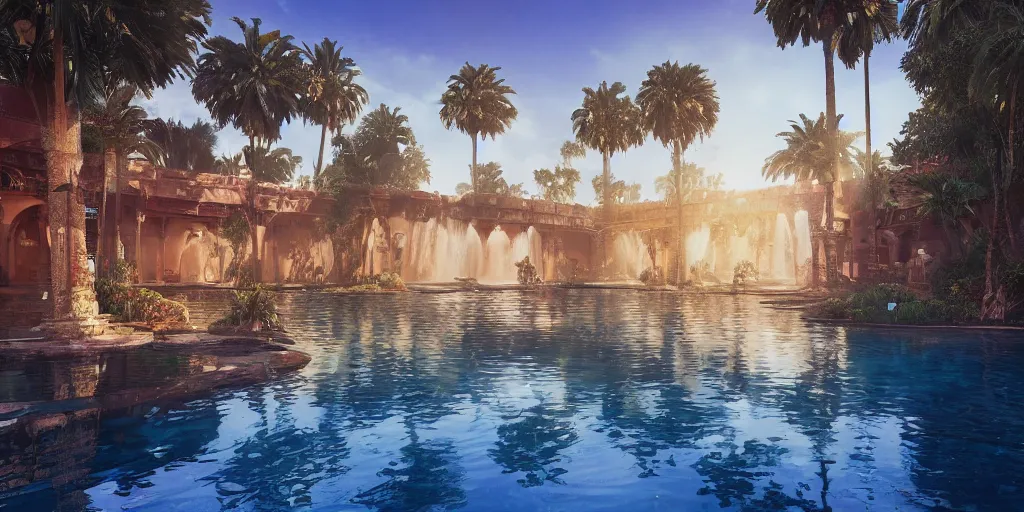 Prompt: beautiful pool waterfalls surrounded by palm trees, moroccan tile archways, industrial buildings, rusty metal towers, sun setting, ross tran, fantasy, james jean, peter morbacher, angelarium, alchemy, luxury, heavenly light, soft illumination, trending on artstation, cinematic lighting, digital painting, octane render, artgerm